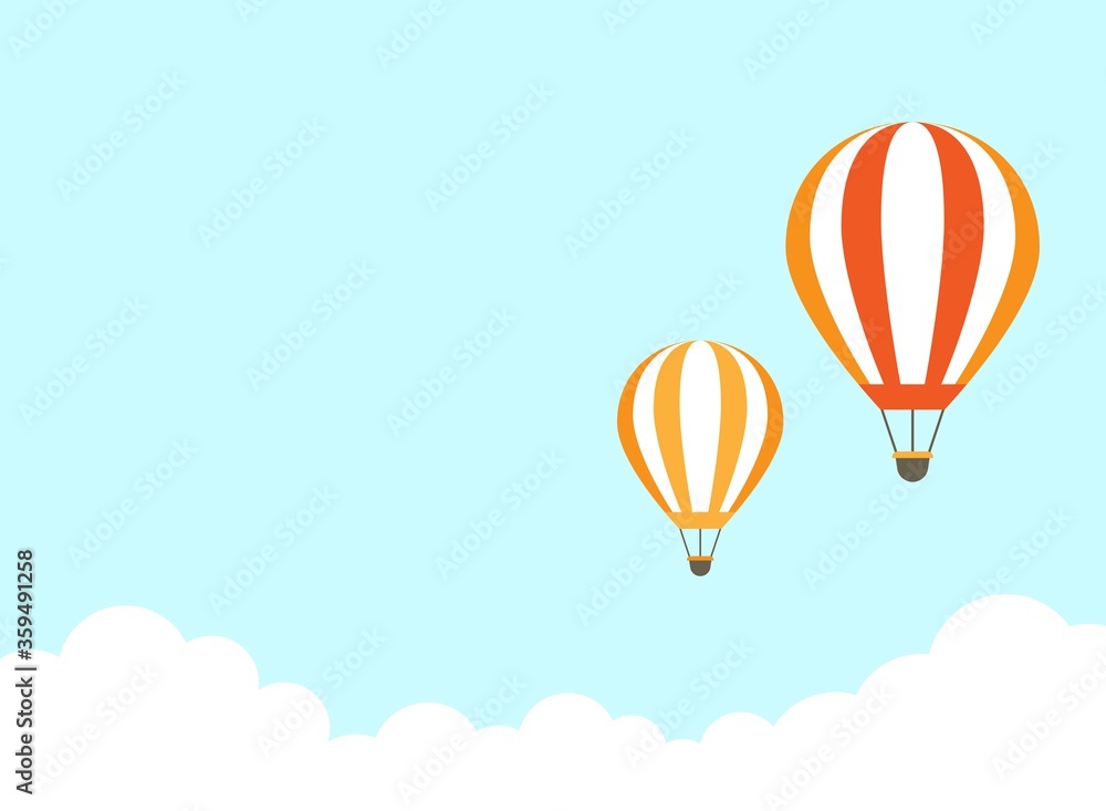 Fototapeta premium Orange hot air balloon flying in blue sky with clouds. Flat cartoon horizontal background.