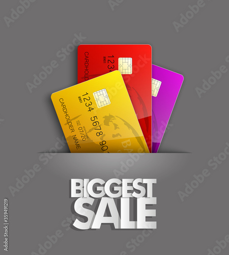 Biggest sale ever & credit bank card banner. Abstract sale background with plastic card icon. Advertising discount sale poster. online banking tag, Promotional Internet shopping sale brochure