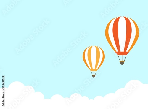 Orange hot air balloon flying in blue sky with clouds. Flat cartoon horizontal background.