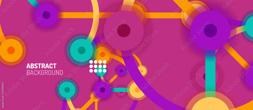Flat style geometric abstract background, round dots or circle connections on color background. Technology network concept.