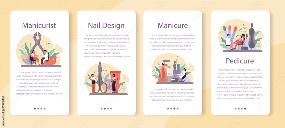 Manicurist servicemobile application banner set. Beauty salon worker. Manicurist servicemobile application banner set. Beauty salon worker.