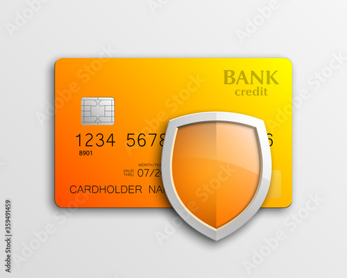 Protection shield Credit card. Safety badge banking icon. Defense safeguard finans icon. Security Plastic card software. Debit card guard electromagnetic chip. Privacy Electronic money funds transfer.