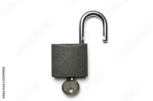 Padlock and key isolated on white background. Privacy security with metal lock pad.