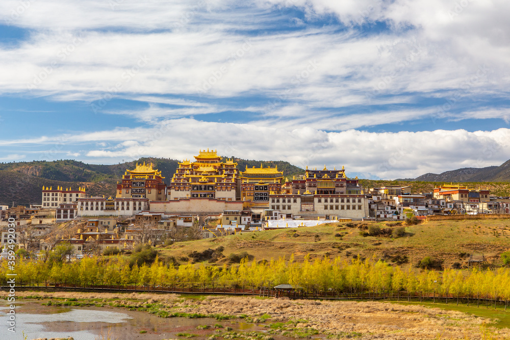 Panorama view of Ganden Sumtseling Monastery, he largest Tibetan monastery in Shangri-La, Yunnan, China.