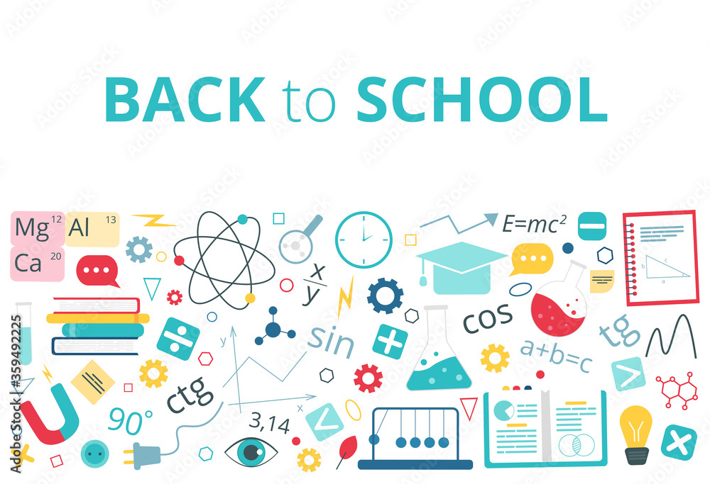 Horizontal banner with icons for education, infographics design, web elements. Back to school. Physics, chemistry, mathematics school subjects. Vector illustration in flat style