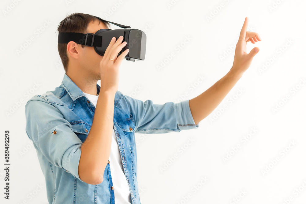 Male business executive using virtual reality headset, virtual glasses Male business executive using virtual reality headset, virtual glasses