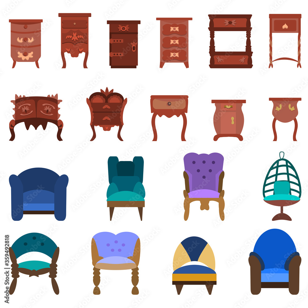 Fototapeta premium Set of antique nightstands, chests of drawers and bureaus, chairs isolated on a white background. Collection of antique furniture for bedroom, office, living room. Vector illustration in flat style.