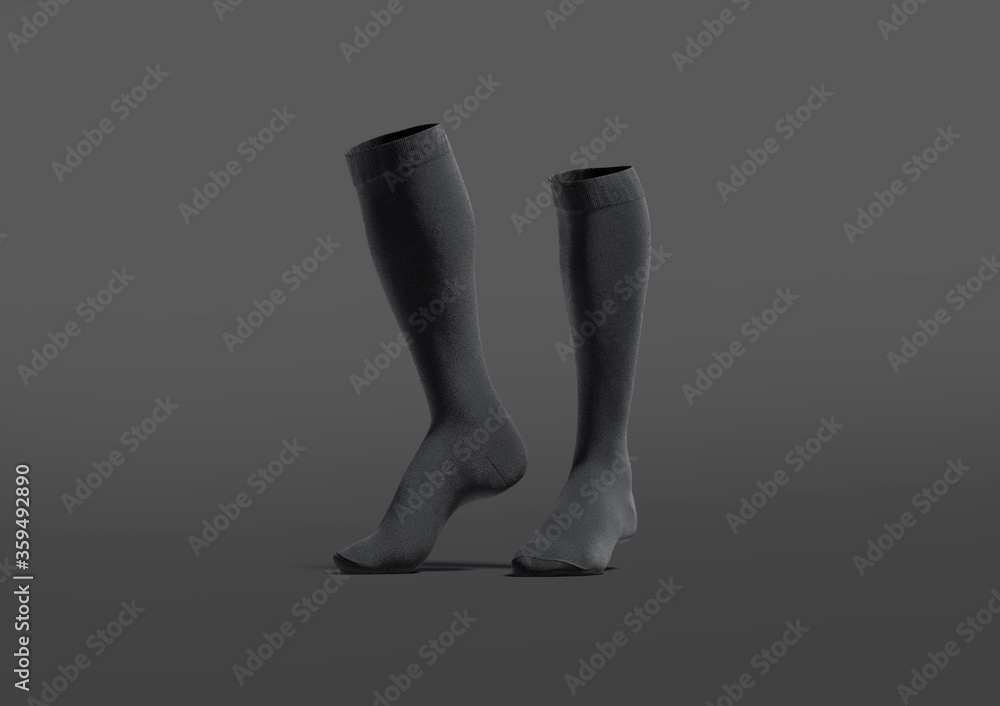 Blank black pair soccer socks toe mockup, dark background Blank black pair soccer socks toe mockup, dark background
