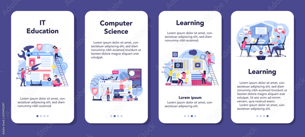 IT education mobile application banner set. Student write software