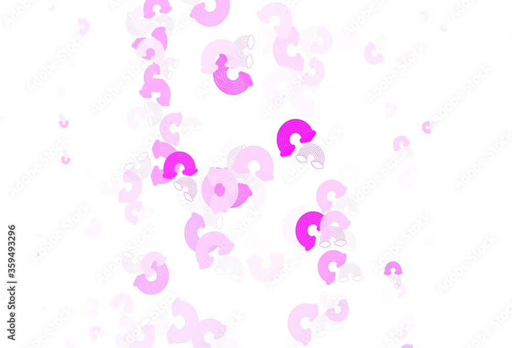 Light Pink vector backdrop with rainbows, clouds. Light Pink vector backdrop with rainbows, clouds.