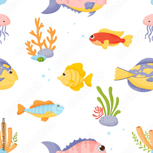 Marine life. Seamless pattern cartoon style isolated on white background.