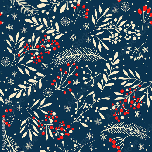 Merry Christmas, Happy New Year seamless pattern with branches, leaves, berries and snowflakes for greeting cards, wrapping papers. Seamless winter pattern. Vector illustration.