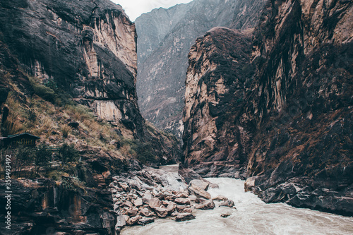 Tiger Leaping Gorge, the origin of Yangtze River, in Yunnan Province, China, on a cloudy day.