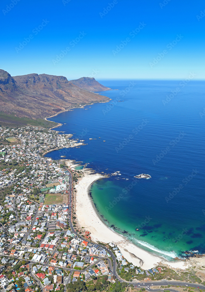 Cape Town, Western Cape / South Africa - 02/26/2018: Aerial photo of Camps Bay Beach