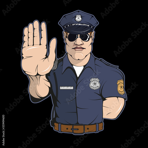 Illustration of a professional police. Officer for tattoo or t-shirt print. Policeman illustration for a sport team. Vector character. Sketch for mascot, logo or symbol. Police on black background