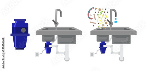 Food waste recycler. Kitchen sink with food waste disposer connected to electric socket and plumbing pipes. Organic waste falls into the sink with the water. Vector illustration. Garbage disposal.