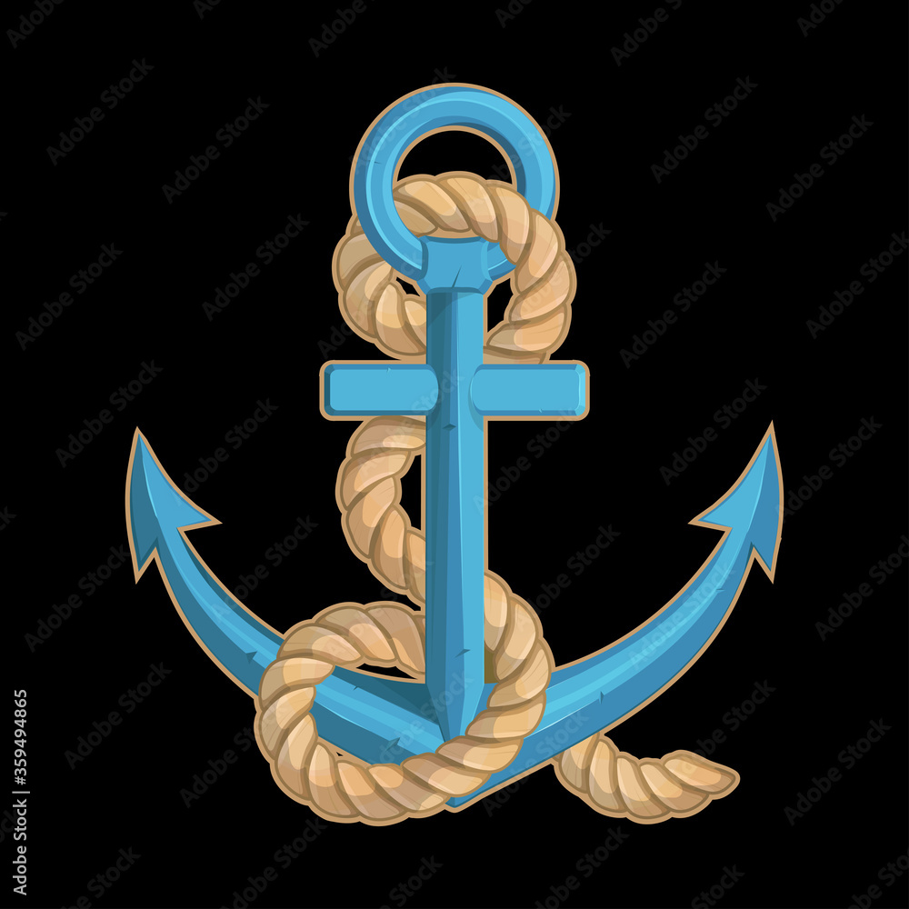 Vector illustration of a ship's anchor. Rope for tattoo or t-shirt print.  Anchor illustration for a sport team. Vector character. Sketch for mascot,  logo or symbol. Ship's anchor on black background Stock