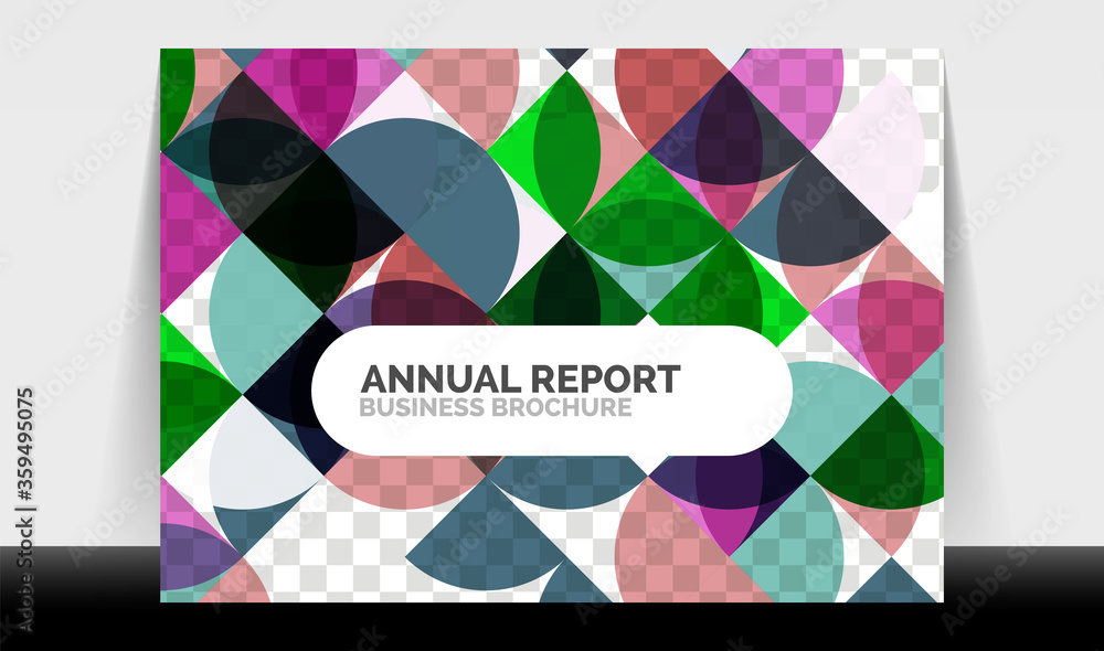 Horizontal A4 business flyer annual report template, circles and triangle style shapes modern geometric design for brochure layout, magazine or booklet Horizontal A4 business flyer annual report template, circles and triangle style shapes modern geometric design for brochure layout, magazine or booklet