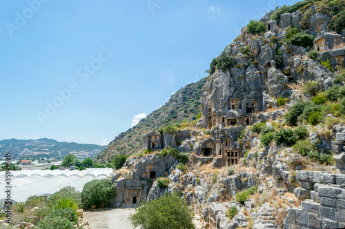 Lycian rock tombs in the city of Demre in Turkey. Antique necropolis.