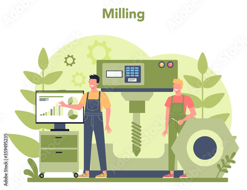 Miller and milling concept illustration. Engineer drilling metal