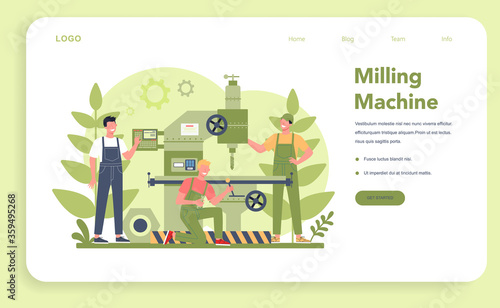 Miller and milling web banner or landing page. Engineer drilling metal