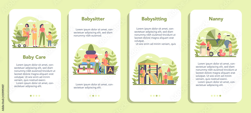 Babysitter service or nanny agency mobile application banner set.