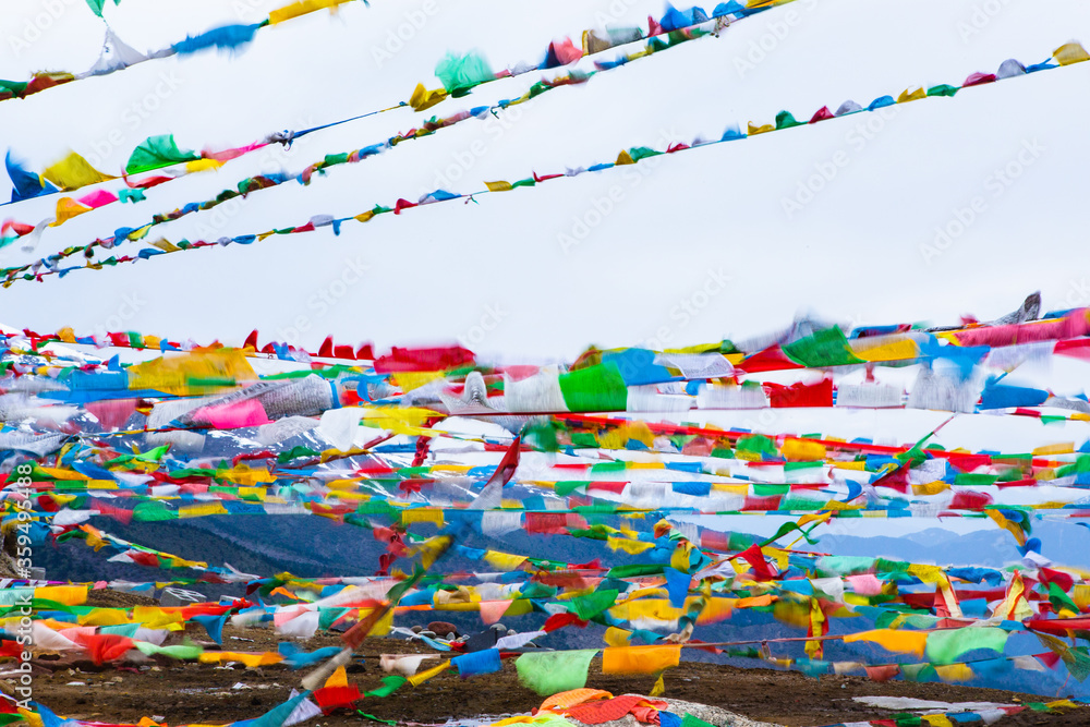 The colorful waving prayer flags in Tibet, China.