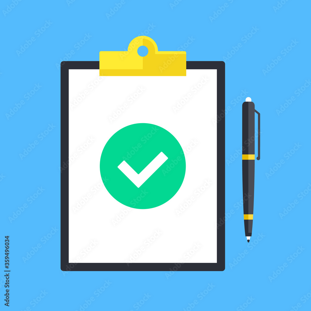Clipboard and green check mark icon. Note pad, round checkmark symbol and pen. Top view. Flat style design. Vector illustration Clipboard and green check mark icon. Note pad, round checkmark symbol and pen. Top view. Flat style design. Vector illustration