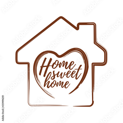 Conceptual motivational inscription on the background of a wooden house - Home sweet home. Heart symbol on house silhouette background. Vector illustration