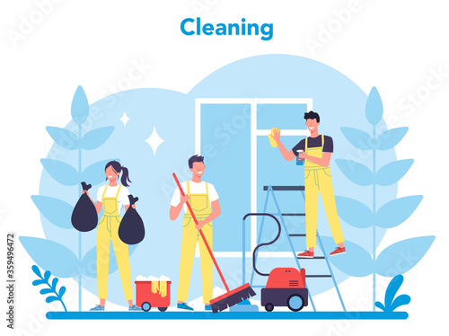 Cleaning service or company. Woman and man doing housework.