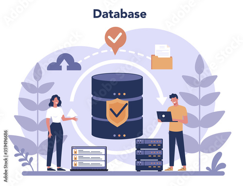 Data base administrator concept. Female and male character working