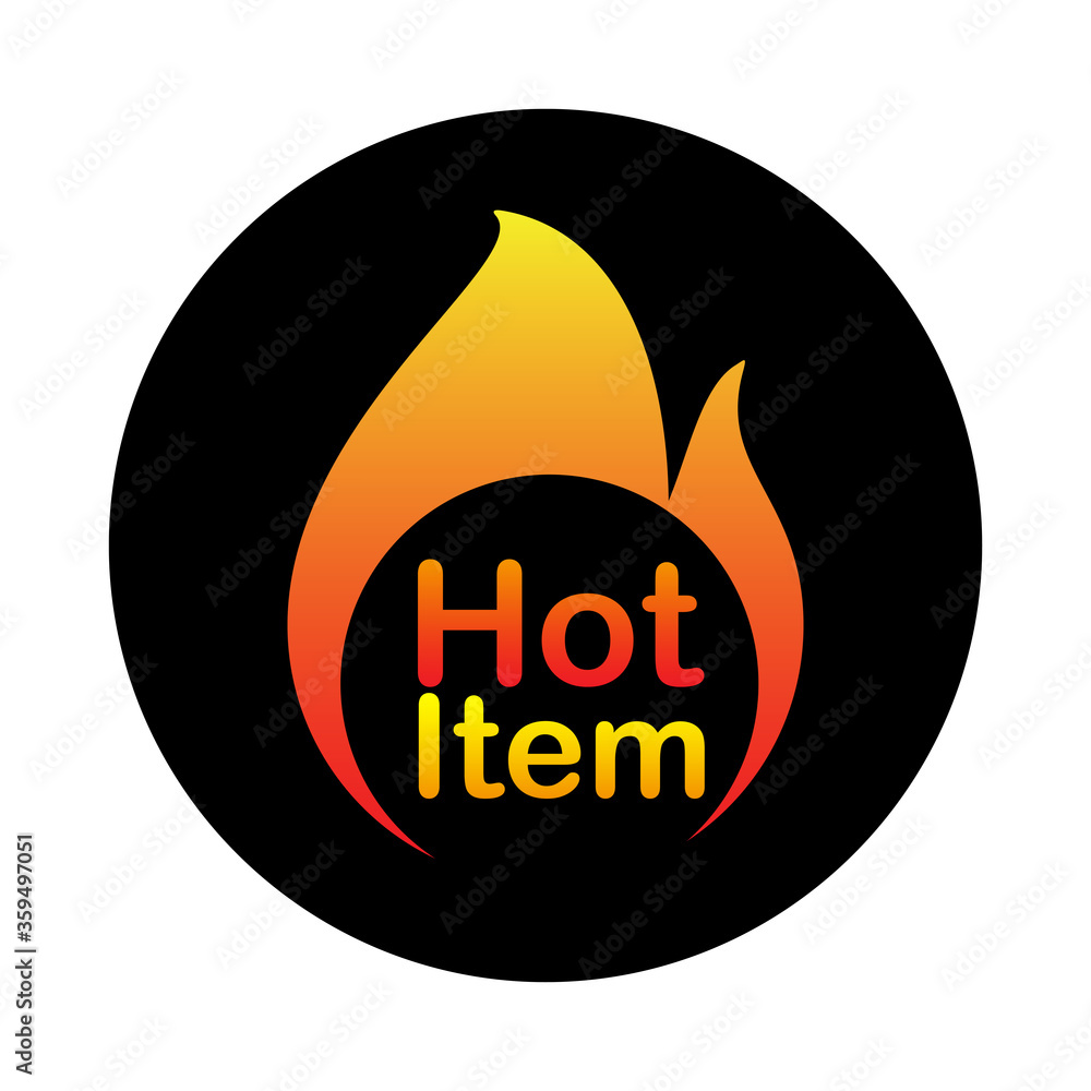 hot item icon. hot sale. hot product. simple hot item text inside flame in black round background vector illustration hot item icon. hot sale. hot product. simple hot item text inside flame in black round background vector illustration