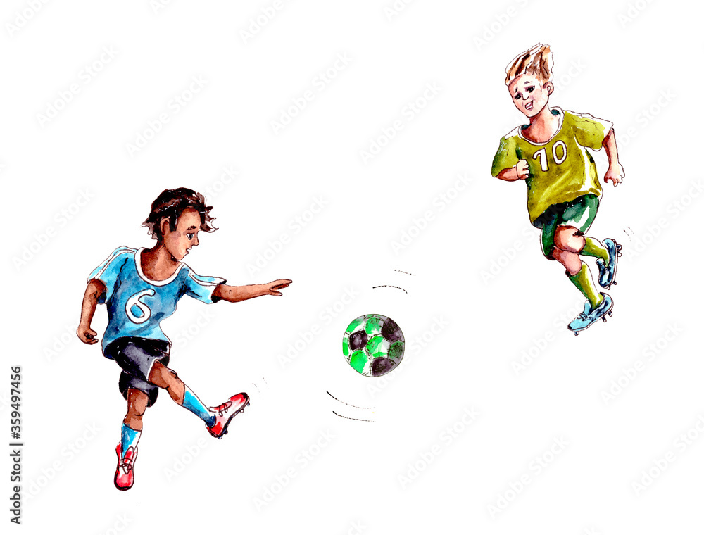 watercolor illustration.two boy soccer players from different teams play soccer with a ball.isolated on a white background