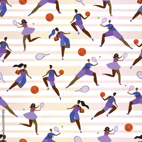 Seamless pattern with afro or african people as basketball and tennis players  flat vector stock illustration with black people