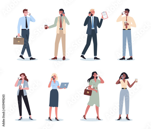 Business woman and man with mobile phone set. Collection of female