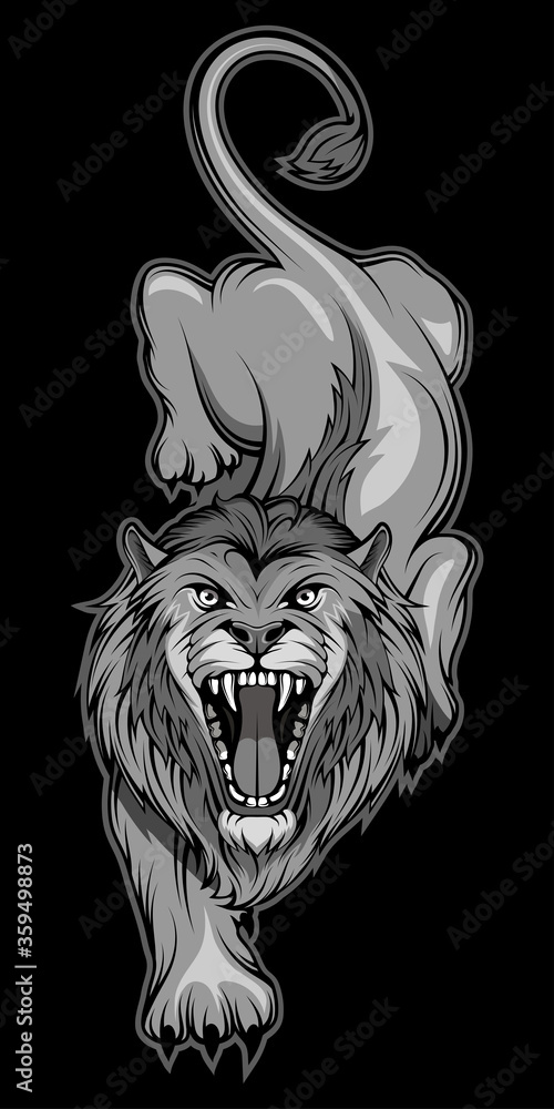 Vector illustration of a Lion. Predator mammal for tattoo or t-shirt print.  Animal illustration for a sport team. Vector character. Sketch for mascot,  logo or symbol. Lion on black background. Stock Vector |