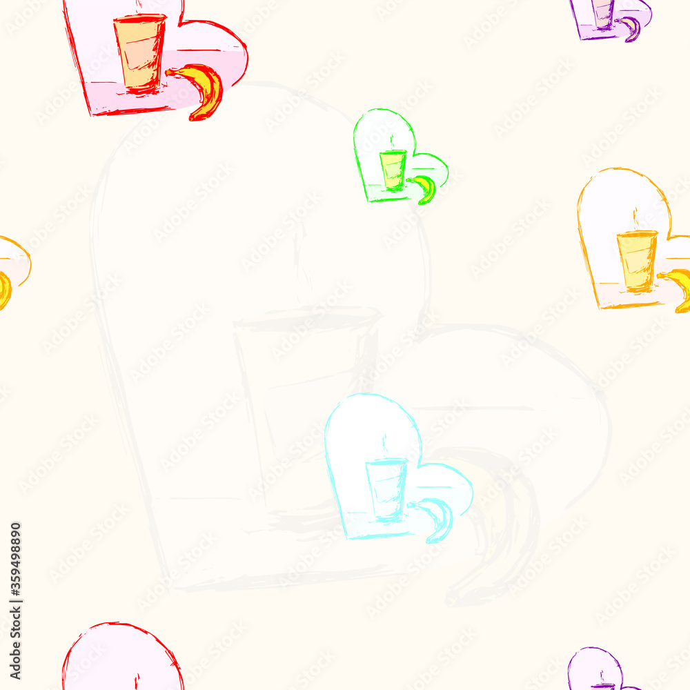 Seamless texture with coffee, hearts and bananas in different colors Seamless texture with coffee, hearts and bananas in different colors