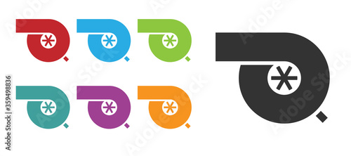Black Automotive turbocharger icon isolated on white background. Vehicle performance turbo. Turbo compressor induction. Set icons colorful. Vector Illustration