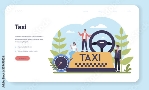 Taxi service web banner or landing page. Yellow taxi car.
