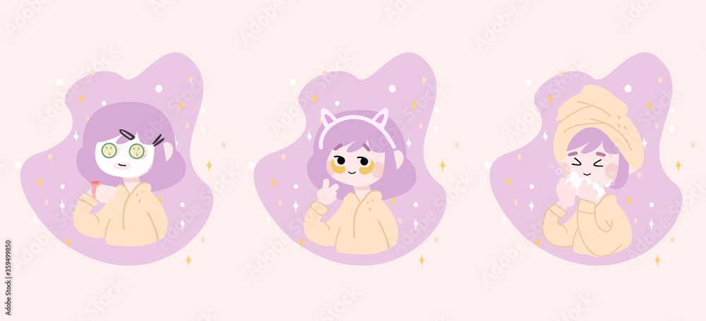 Skin care routine icons. Face care concept. Cleansing, moisturizing, treating. Hand drawn vector set. Cartoon style. Flat design. All elements are isolated. Cute illustration. Skin care routine icons. Face care concept. Cleansing, moisturizing, treating. Hand drawn vector set. Cartoon style. Flat design. All elements are isolated. Cute illustration.