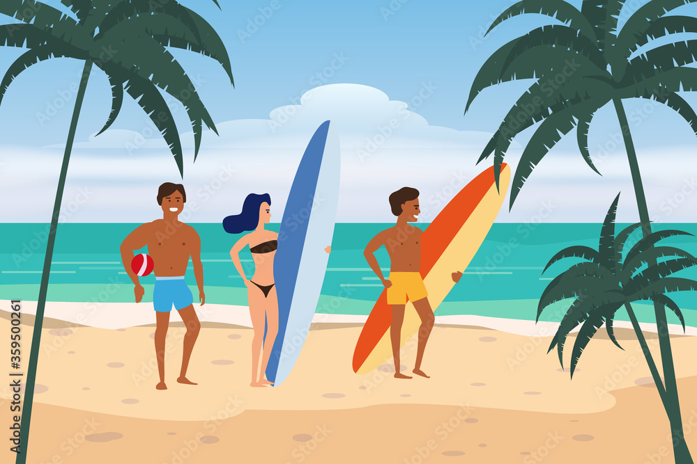 Summer beach surfers characters with surfboards and ball on sea ocean coast, palms sand surf