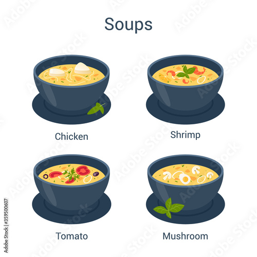 Bowl with hot tasty soup set. Collection of soup and ingredients.