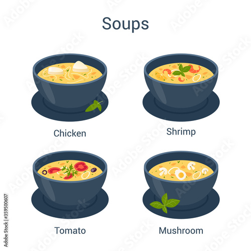 Bowl with hot tasty soup set. Collection of soup and ingredients.