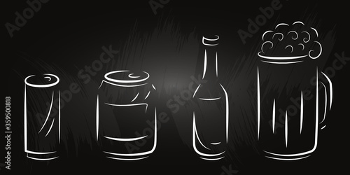 Set of stylized drinks. Minimalism.  Hand drawn bottle, mug of beer, can. Isolated on chalkboard