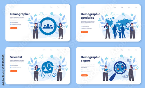 Demographer web banner or landing page set. Scientist studying