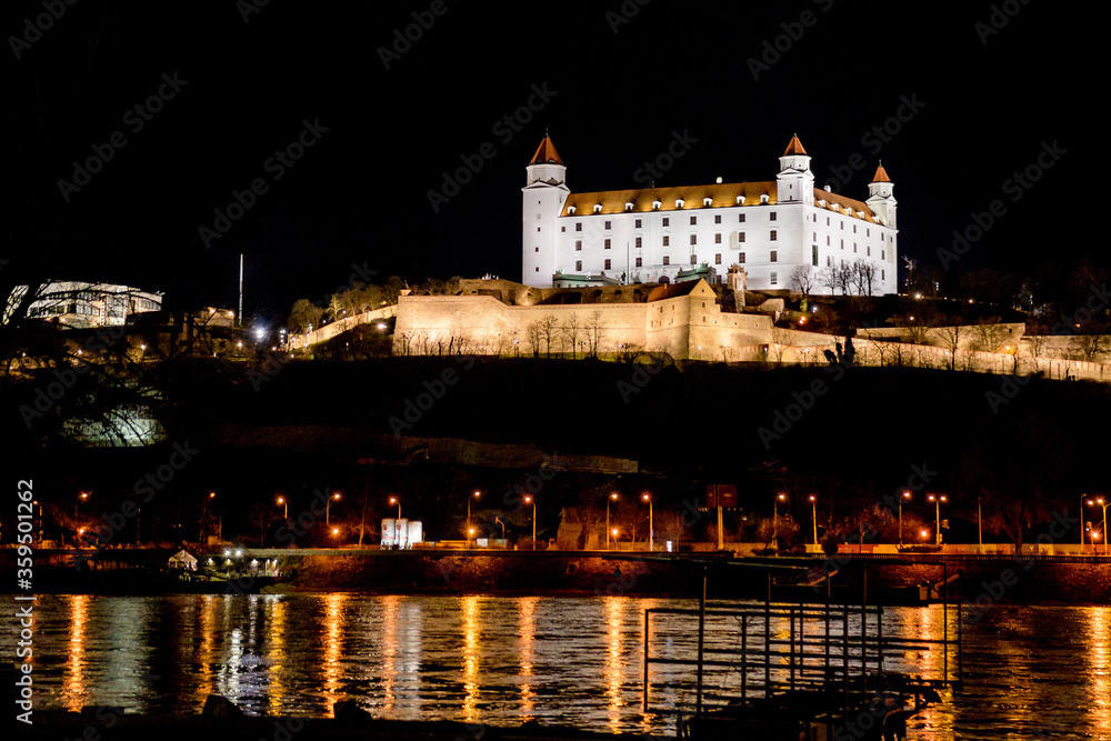 illuminated Bratislava castle at night, Slovakia