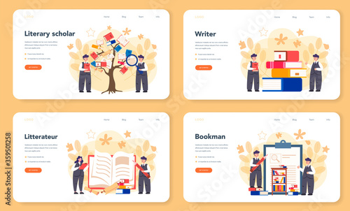 Literary scholar or critic web banner or landing page set. Scientist