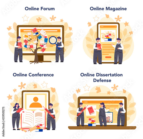 Literary scholar or critic online service or platform set. Scientist