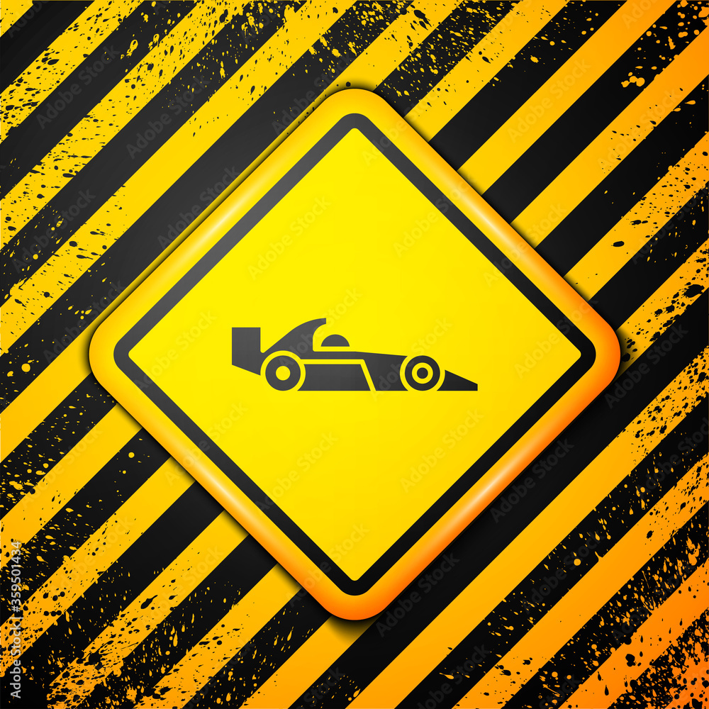 Black Formula 1 racing car icon isolated on yellow background. Warning sign. Vector Illustration Black Formula 1 racing car icon isolated on yellow background. Warning sign. Vector Illustration