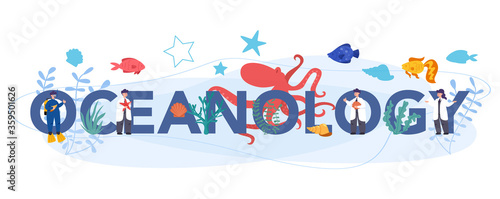Oceanology typographic header concept. Oceanography scientist. Practical